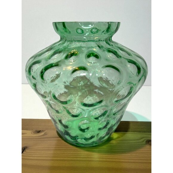 Green Glass Optic Glass Textured Vase - Handblown Art Glass Decorative Piece - Picture 1 of 8